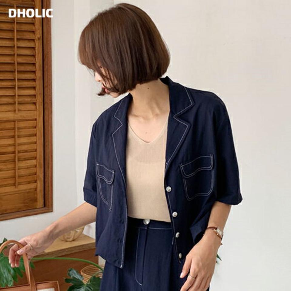 ステッチクロップドシャツ・全4色・t64462 レディース 【bl】韓国ファッション トップス シャツ 半袖 ボタン 配色 ステッチ 開襟タイプ ハーフスリーブ クロップド丈 カジュアル フェミニン 夏 春