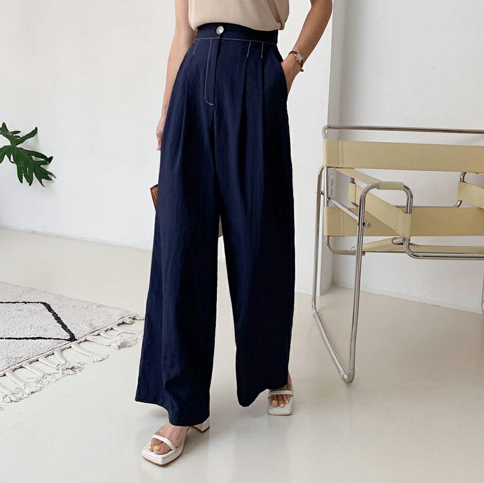 ステッチワイドパンツ・全4色・t65458 レディース 【pt】韓国 ファッション ボトムス ロング ロングパンツ ハイウエスト 配色 ステッチ ツータック ルーズ ゆったり ストレート 体型カーバー 細身 足長 着痩せ 夏 春