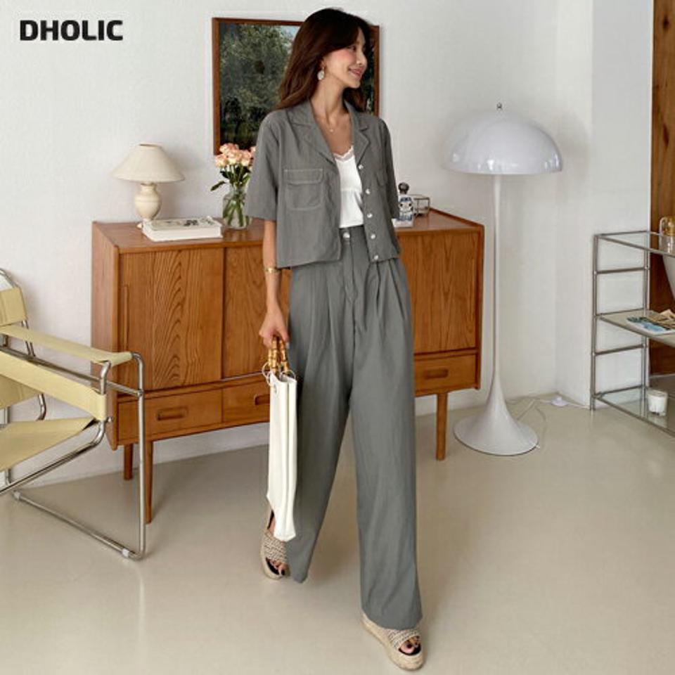 ステッチクロップドシャツ&ワイドパンツSET・全4色・t64463 レディース 【pt】韓国ファッション ボトムス ロング ロングパンツ ハイウエスト 配色 ステッチ セットアップ シャツ クロップド丈 ルーズ 細身 足長 着痩せ 夏 春