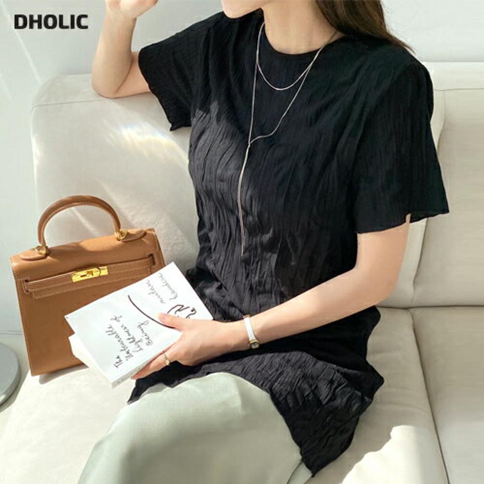 リンクルロングTシャツ・全2色・t00098 レディース 【tops】トップス Tシャツ 半袖 ロング リンクル 単色 シンプル 大人 シック ナチュラル ユニーク カットアウト 春 夏 韓国 ファッション ハイホリHIHOLLI