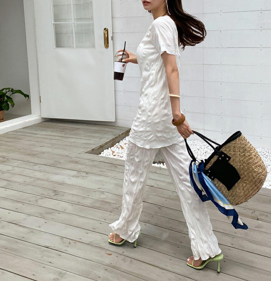 リンクルロングTシャツ&パンツSET・全2色・t00099 レディース 【pt】セットアップ setup トップス Tシャツ 半袖 リンクル パンツ ズボン ロングパンツ 単色 シンプル かわいい 春 夏 韓国 ファッション ハイホリHIHOLLI