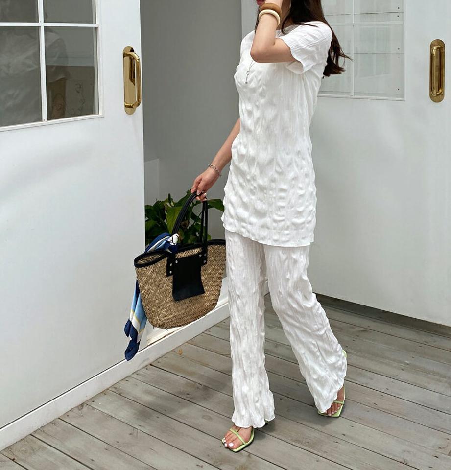 リンクルロングTシャツ&パンツSET・全2色・t00099 レディース 【pt】セットアップ setup トップス Tシャツ 半袖 リンクル パンツ ズボン ロングパンツ 単色 シンプル かわいい 春 夏 韓国 ファッション ハイホリHIHOLLI