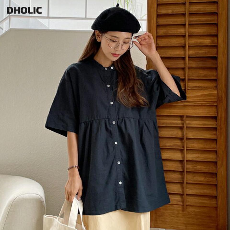 バンドカラーギャザーシャツ・全3色・t57788 レディース 【bl】トップス シャツ 半袖 ハーフスリーブ 単色 無地 シンプル ギャザー バンドカラー ゆったり ラフ オーバーサイズ カジュアル 春 夏 韓国 ファッション