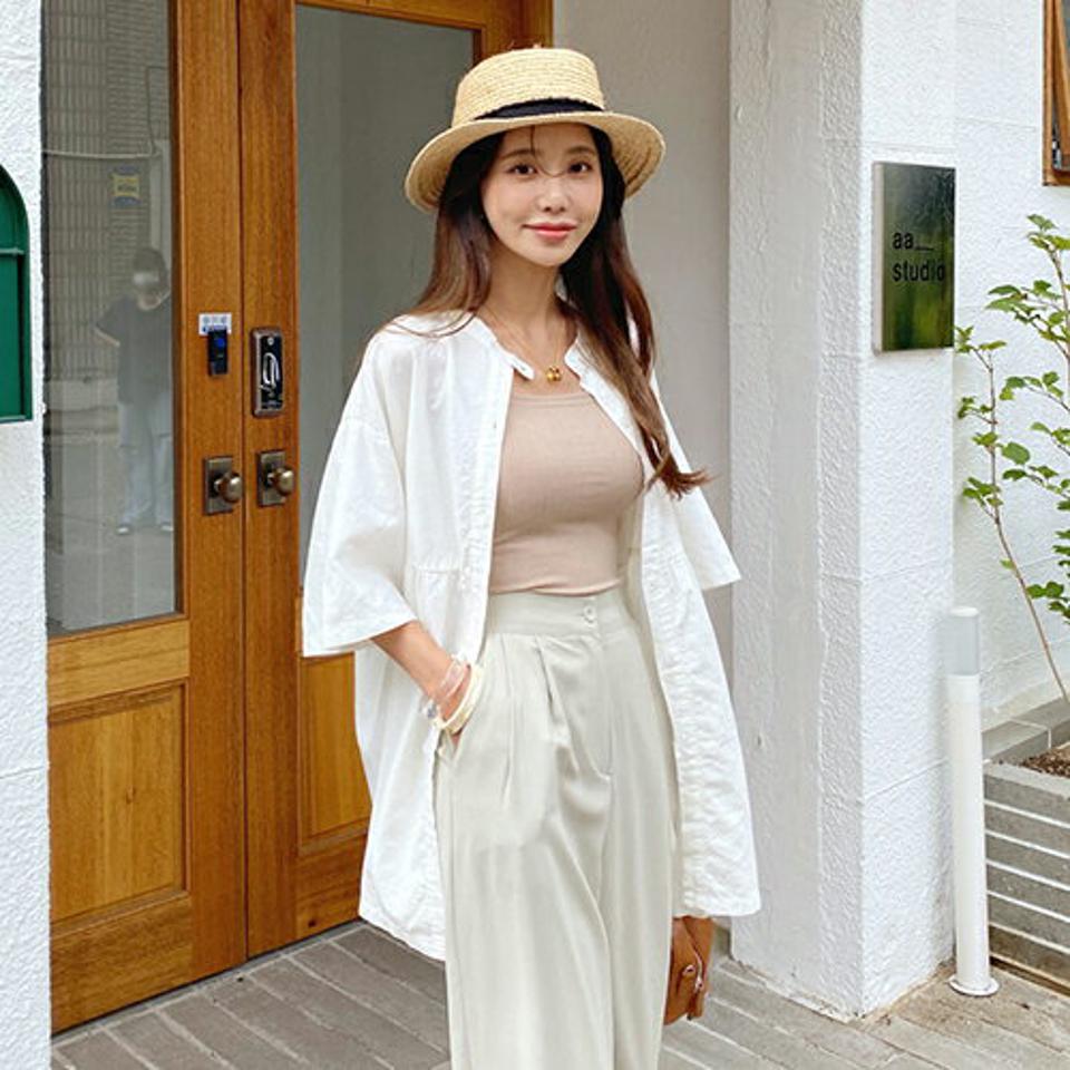 バンドカラーギャザーシャツ・全3色・t57788 レディース 【bl】トップス シャツ 半袖 ハーフスリーブ 単色 無地 シンプル ギャザー バンドカラー ゆったり ラフ オーバーサイズ カジュアル 春 夏 韓国 ファッション