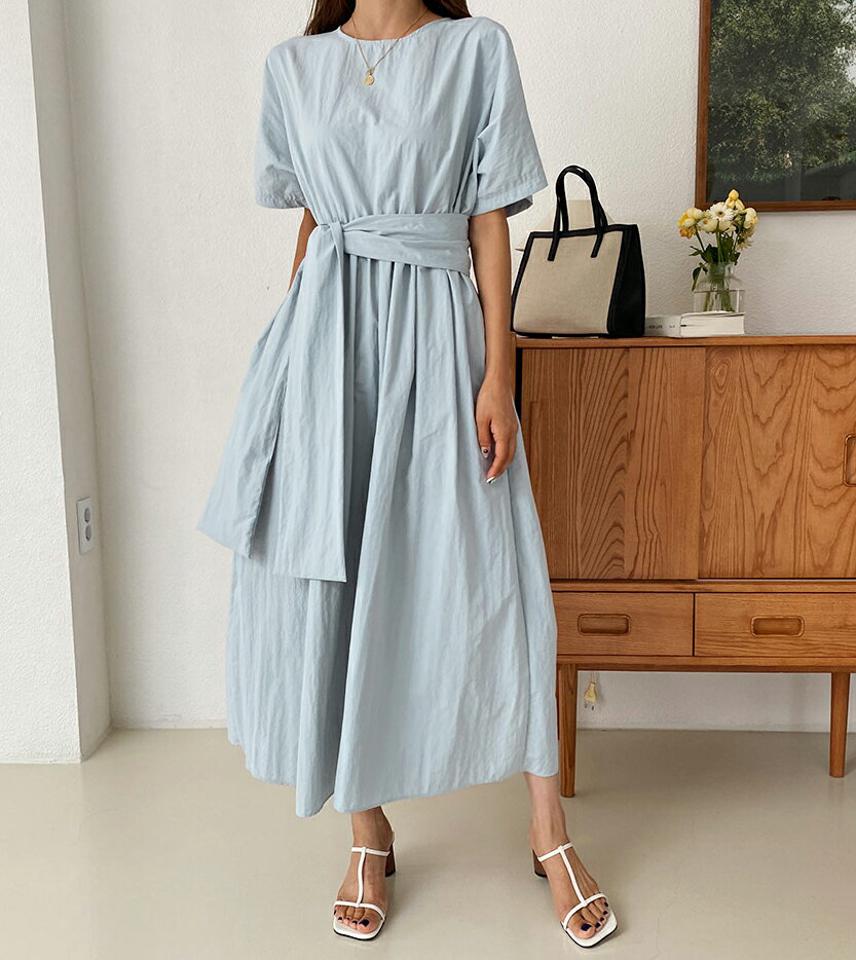 ストラップ付ラウンドワンピース・全2色・b57744 レディース 【ops】ワンピース ロング 半袖 ハーフスリーブ 単色 無地 Aライン フェミニン かわいい 可愛い 春 夏 韓国ファッション