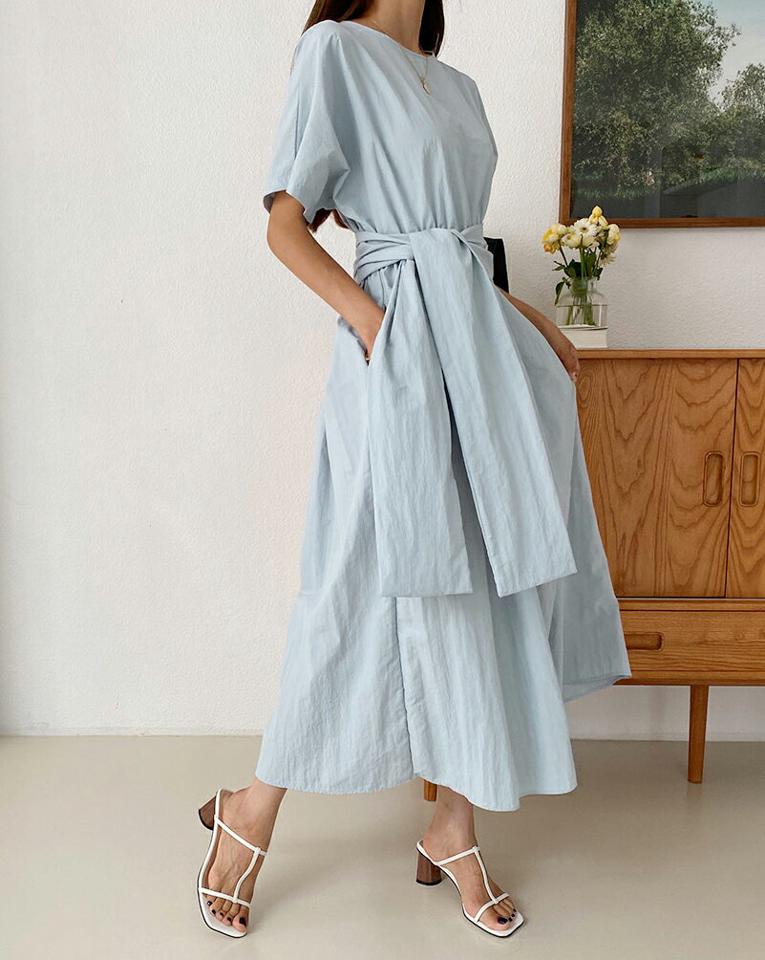 ストラップ付ラウンドワンピース・全2色・b57744 レディース 【ops】ワンピース ロング 半袖 ハーフスリーブ 単色 無地 Aライン フェミニン かわいい 可愛い 春 夏 韓国ファッション