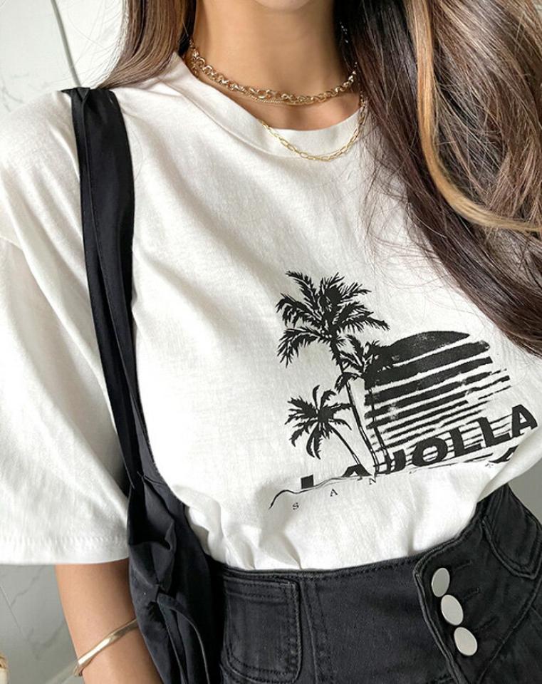 NANING9(ナンニング)LAJOLLA BEACH プリントTシャツ【7/30up_ka】【メール便】韓国 韓国ファッション トップス 半袖 夏 ロゴ 大人カジュアルレディース ファッション【5】