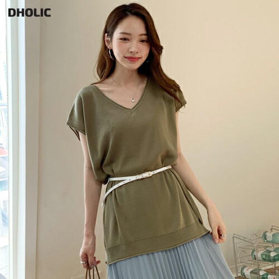 Vネックルーズニット・全4色・b69590 レディース 【tops】トップス ニット Vネック ルーズ ゆったり 単色 無地 シンプル リブ カジュアル ラフ フレンチスリーブ ショートスリーブ 半袖 春 夏 韓国 ファッション ハイホリHIHOLLI