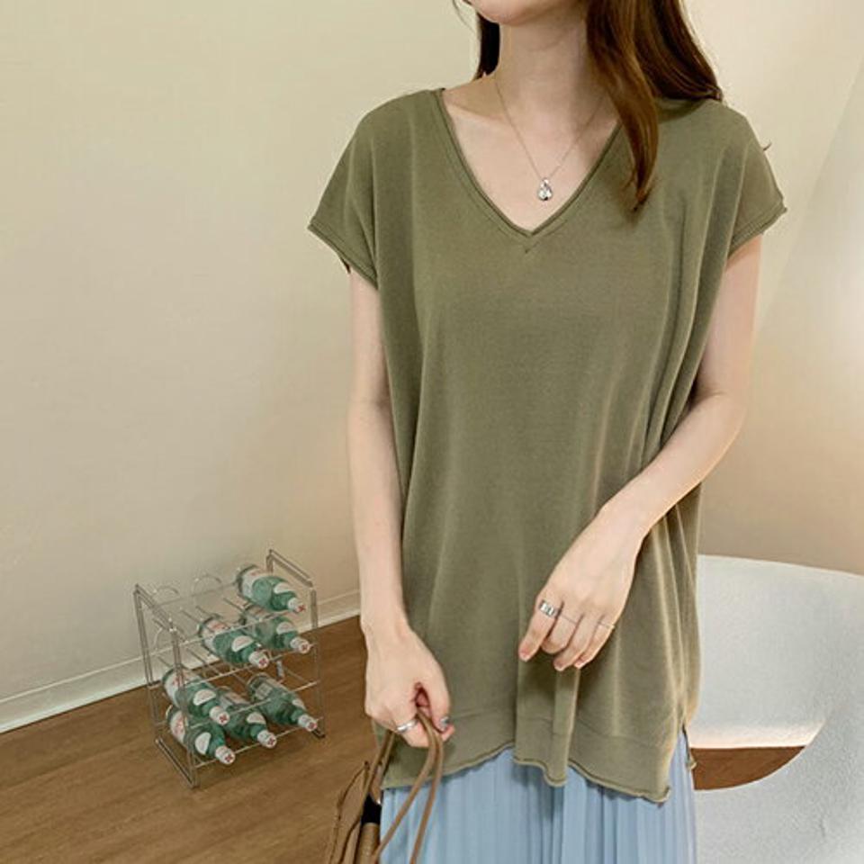 Vネックルーズニット・全4色・b69590 レディース 【tops】トップス ニット Vネック ルーズ ゆったり 単色 無地 シンプル リブ カジュアル ラフ フレンチスリーブ ショートスリーブ 半袖 春 夏 韓国 ファッション ハイホリHIHOLLI