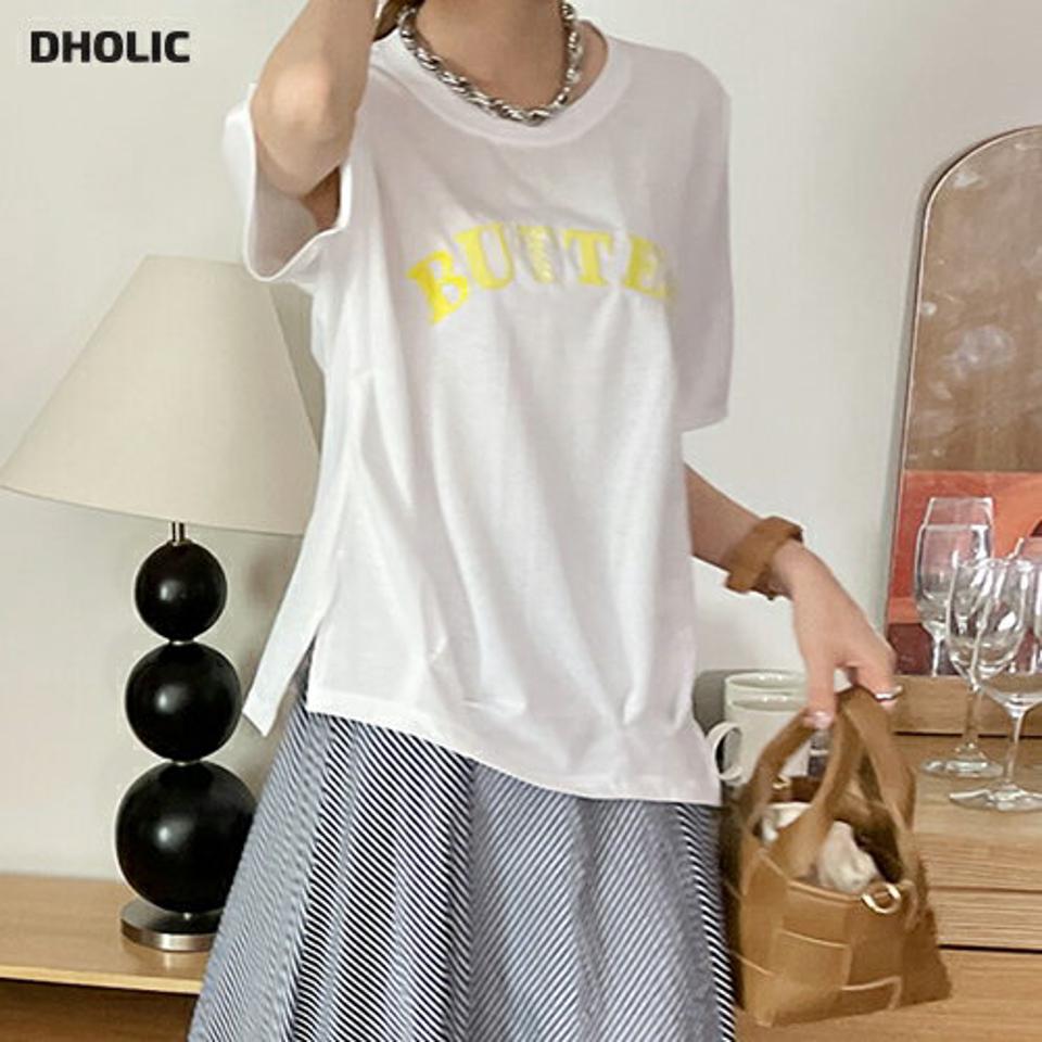 タックBUTTERTシャツ・全4色・b69646 レディース 【tops】トップス Tシャツ 半袖 ハーフスリーブ ロゴ バター スリット タック シンプル カジュアル ラフ アンバランス ロゴT 春 夏 韓国ファッション ハイホリHIHOLLI