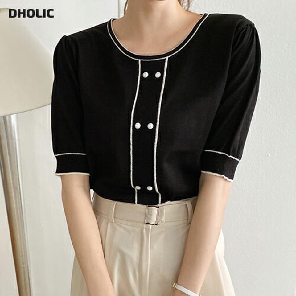 【10%OFF】配色ラインボタンニット・全3色・b69648 レディース 【tops】トップス ニット 半袖 ハーフスリーブ 配色 ボタン 大人 高級感 フェミニン 春 夏 韓国ファッション ハイホリHIHOLLI 春セール
