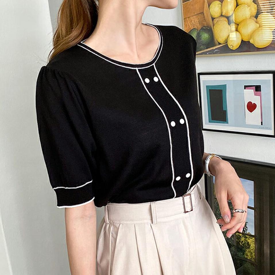 【10%OFF】配色ラインボタンニット・全3色・b69648 レディース 【tops】トップス ニット 半袖 ハーフスリーブ 配色 ボタン 大人 高級感 フェミニン 春 夏 韓国ファッション ハイホリHIHOLLI 春セール
