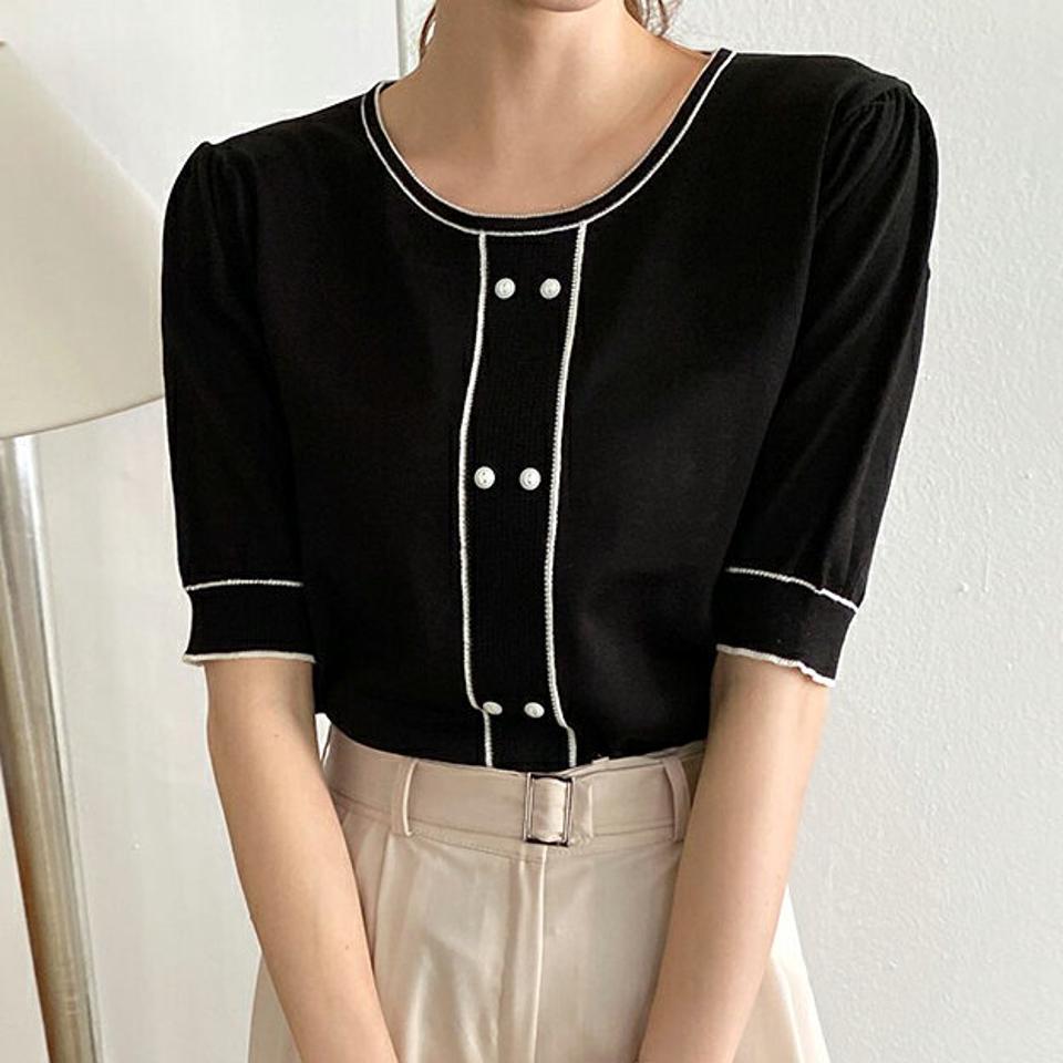 【10%OFF】配色ラインボタンニット・全3色・b69648 レディース 【tops】トップス ニット 半袖 ハーフスリーブ 配色 ボタン 大人 高級感 フェミニン 春 夏 韓国ファッション ハイホリHIHOLLI 春セール