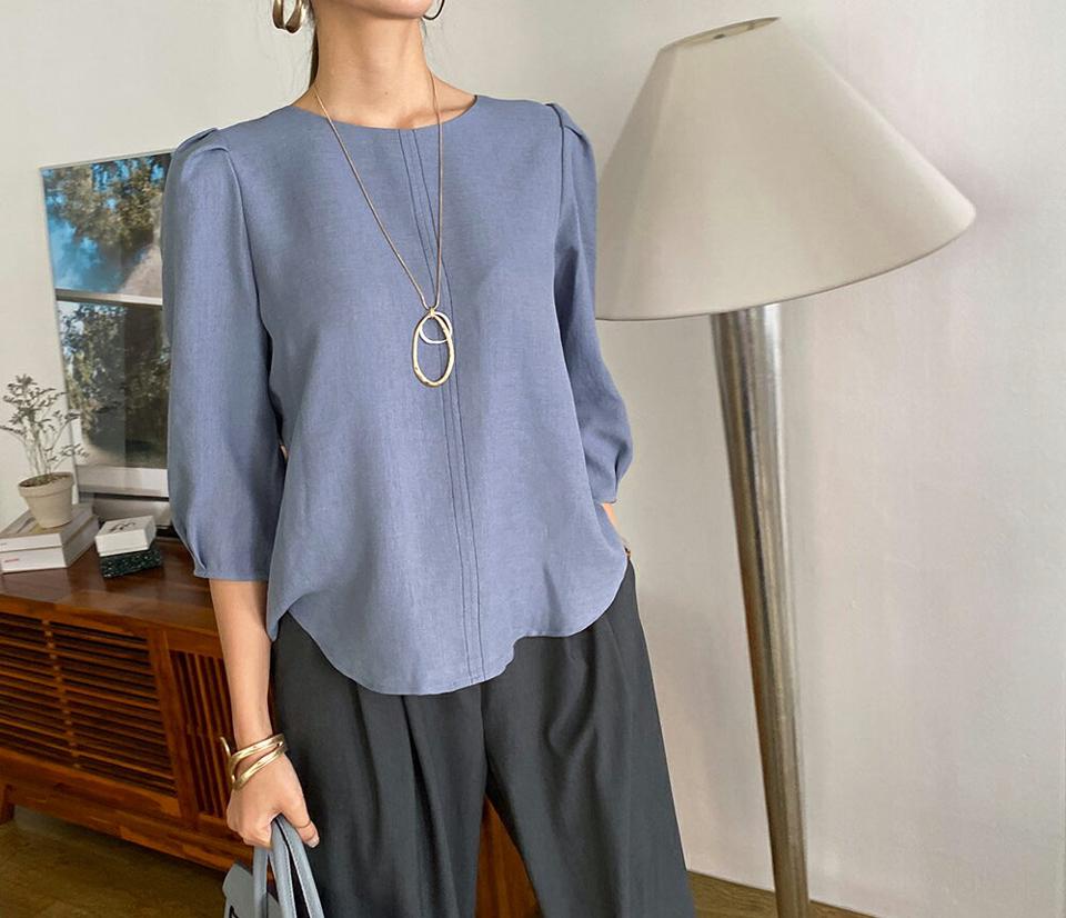 即日配送 ラウンドステッチブラウス・全5色・t69651 レディース 【bl】トップス ブラウス 七分丈 七分袖 7分丈 7分袖 ステッチ ラウンドネック シンプル ラック 春 夏 秋 韓国ファッション ハイホリHIHOLLI