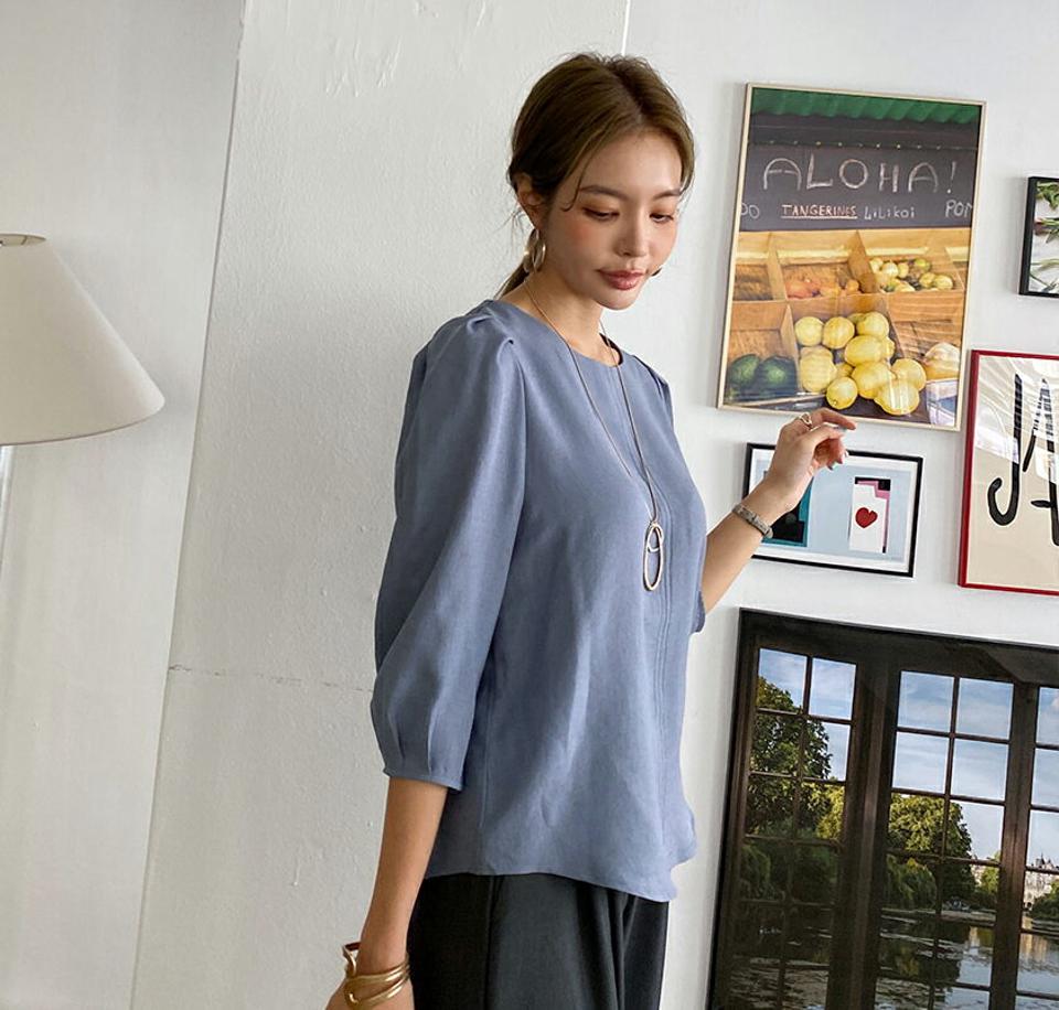 即日配送 ラウンドステッチブラウス・全5色・t69651 レディース 【bl】トップス ブラウス 七分丈 七分袖 7分丈 7分袖 ステッチ ラウンドネック シンプル ラック 春 夏 秋 韓国ファッション ハイホリHIHOLLI