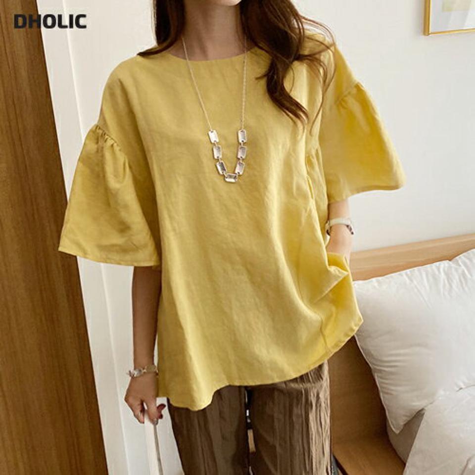 リネンフレアブラウス・全2色・b69653 レディース 【bl】トップス ブラウス 半袖 ハーフスリーブ フレア リネン フレアスリーブ ナチュラル 単色 無地 シンプル カジュアル ラフ 体型カバー 春 夏 韓国 ファッション ハイホリHIHOLLI