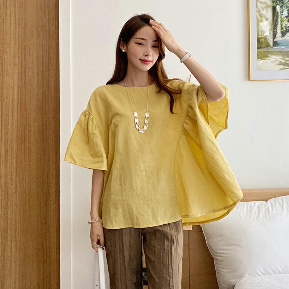 リネンフレアブラウス・全2色・b69653 レディース 【bl】トップス ブラウス 半袖 ハーフスリーブ フレア リネン フレアスリーブ ナチュラル 単色 無地 シンプル カジュアル ラフ 体型カバー 春 夏 韓国 ファッション ハイホリHIHOLLI