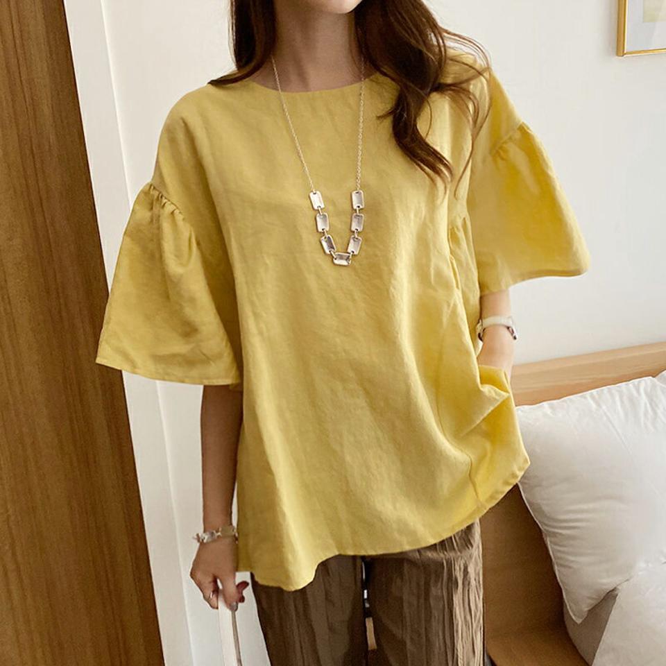 リネンフレアブラウス・全2色・b69653 レディース 【bl】トップス ブラウス 半袖 ハーフスリーブ フレア リネン フレアスリーブ ナチュラル 単色 無地 シンプル カジュアル ラフ 体型カバー 春 夏 韓国 ファッション ハイホリHIHOLLI