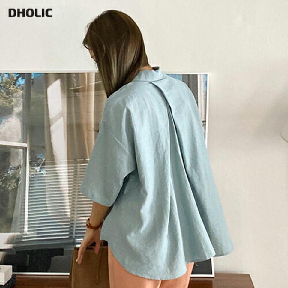 バックタックシャツ・全3色・t69654 レディース 【bl】トップス シャツ 半袖 ハーフスリーブ タック バックシャン 単色 無地 シンプル アンバランス カジュアル ラフ 春 夏 韓国 ファッション ハイホリHIHOLLI