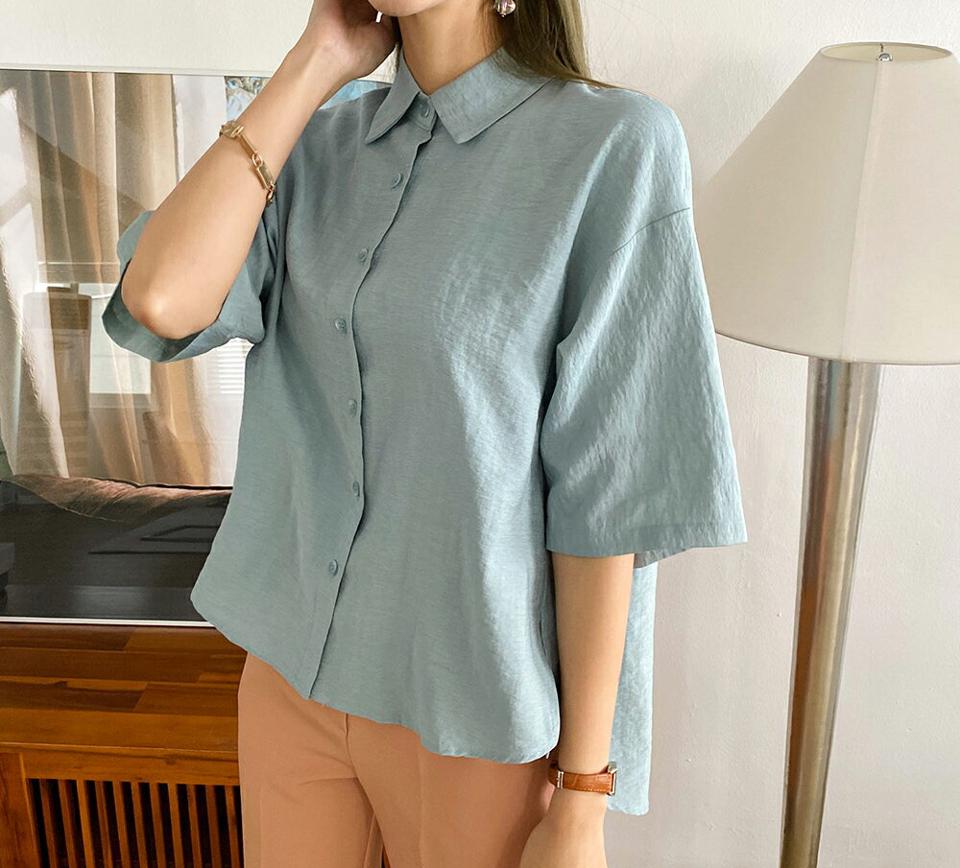 バックタックシャツ・全3色・t69654 レディース 【bl】トップス シャツ 半袖 ハーフスリーブ タック バックシャン 単色 無地 シンプル アンバランス カジュアル ラフ 春 夏 韓国 ファッション ハイホリHIHOLLI