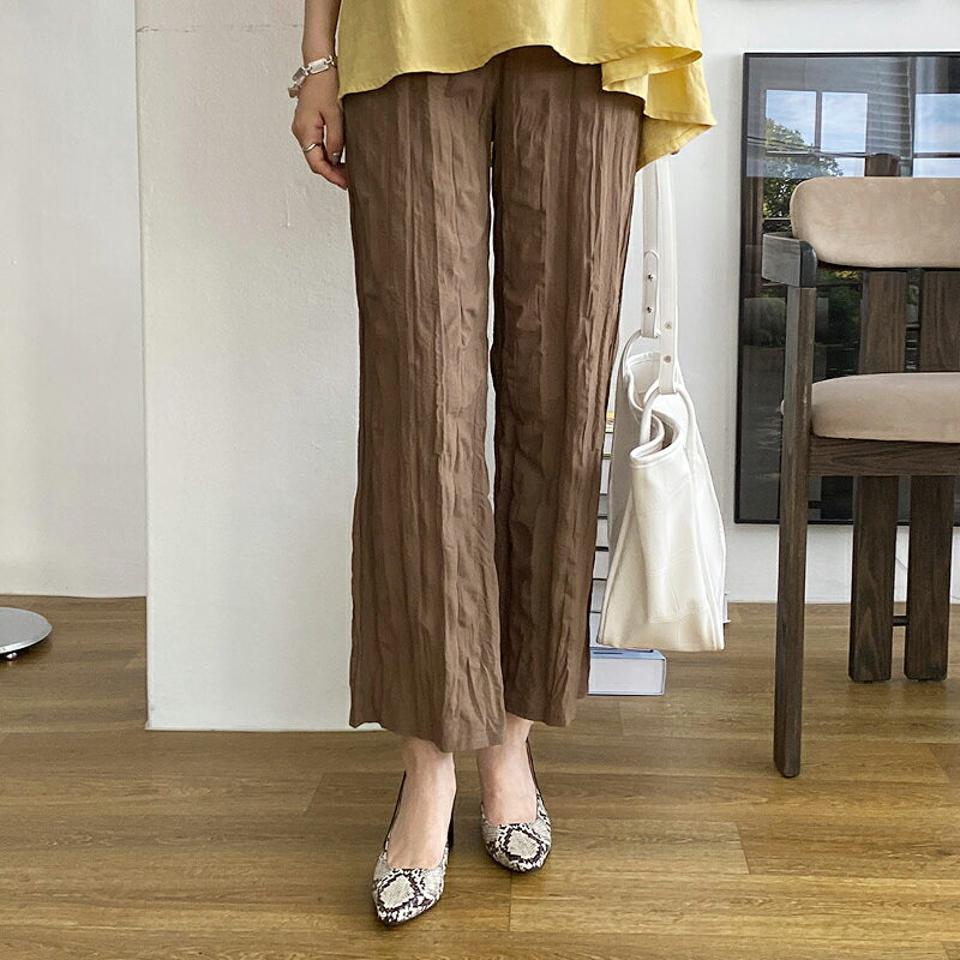 リンクルパンツ・全4色・t69677 レディース 【pt】パンツ ズボン ロングパンツ リンクル 単色 大人 カジュアル ウエストゴム ラフ 楽ちん ストレート 春 夏 韓国 ファッション ハイホリHIHOLLI