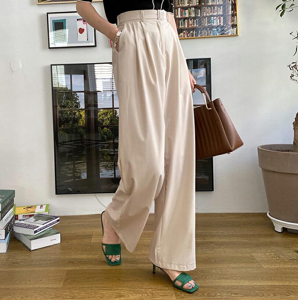 ベルト付タックワイドパンツ・全3色・t69679 レディース 【pt】パンツ ズボン ロングパンツ ワイド タック ベルトループ 単色 無地 シンプル ベーシック カジュアル オトン オフィスカジュアル 春 夏 韓国 ファッション ハイホリHIHOLLI