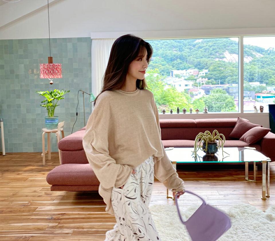 リネン混ロールニット・全4色・n65721 レディース 【tops】韓国 ファッション トップス ニット 長袖 リネン ラフ ルーズ ラウンドネック シースルー ロールヘム 体型カバー 細身 フェミニン 夏 春