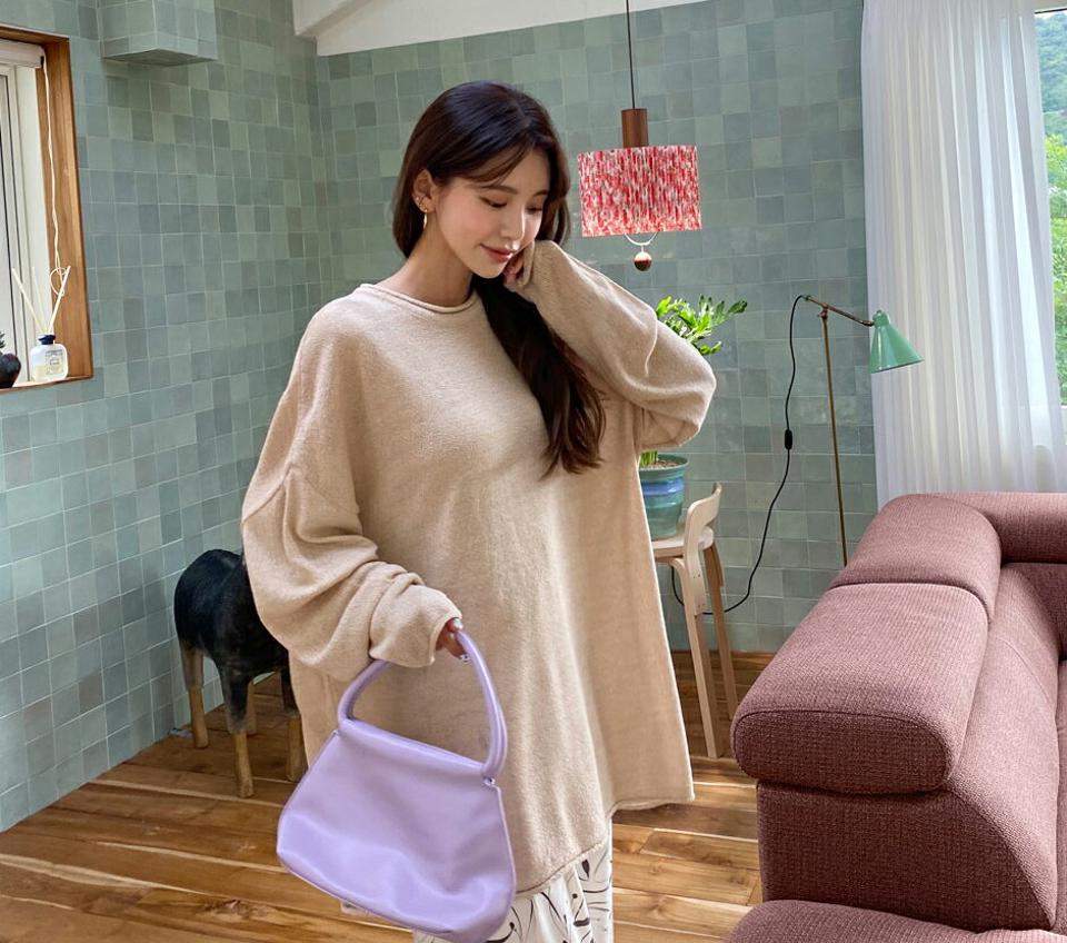 リネン混ロールニット・全4色・n65721 レディース 【tops】韓国 ファッション トップス ニット 長袖 リネン ラフ ルーズ ラウンドネック シースルー ロールヘム 体型カバー 細身 フェミニン 夏 春