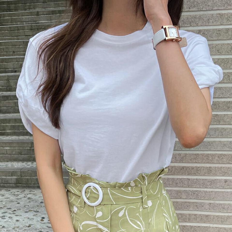 ツイストスリーブTシャツ・全3色・t65700 レディース 【tops】韓国 ファッション トップス Tシャツ 半袖 ツイストスリーブ ラウンドネック コットン ツイスト フェミニン カジュアル ベーシック デイリー 夏 春