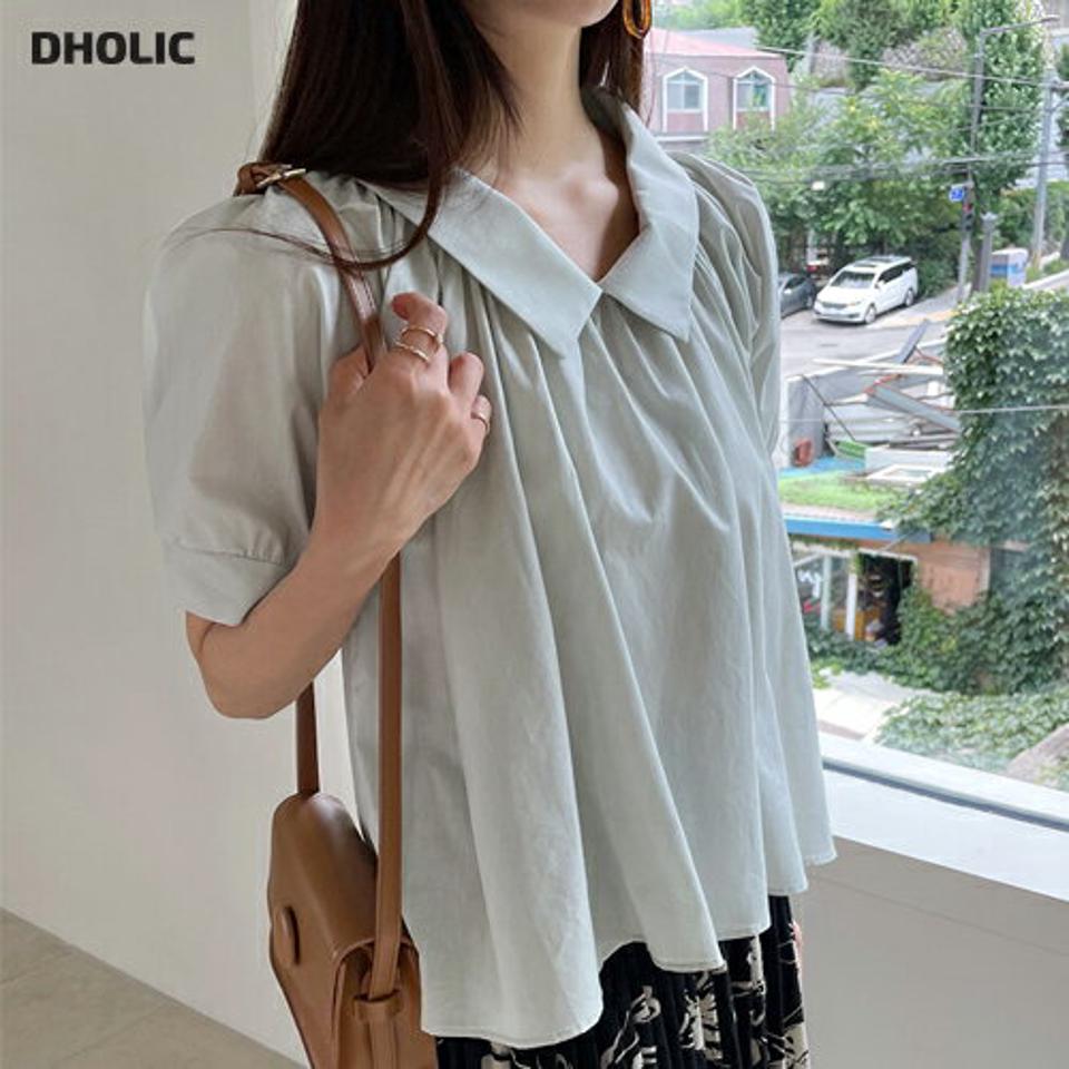 【スーパーセール特価】ギャザーカラーブラウス・全3色・t65702 レディース 【bl】韓国 ファッション トップス ブラウス 半袖 カラーネック ギャザー ボリューム フレア パフハーフスリーブ パフスリーブ フェミニン 夏 春