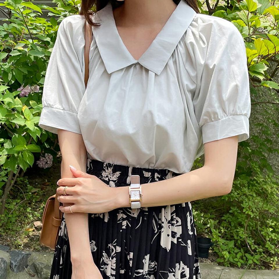 【スーパーセール特価】ギャザーカラーブラウス・全3色・t65702 レディース 【bl】韓国 ファッション トップス ブラウス 半袖 カラーネック ギャザー ボリューム フレア パフハーフスリーブ パフスリーブ フェミニン 夏 春