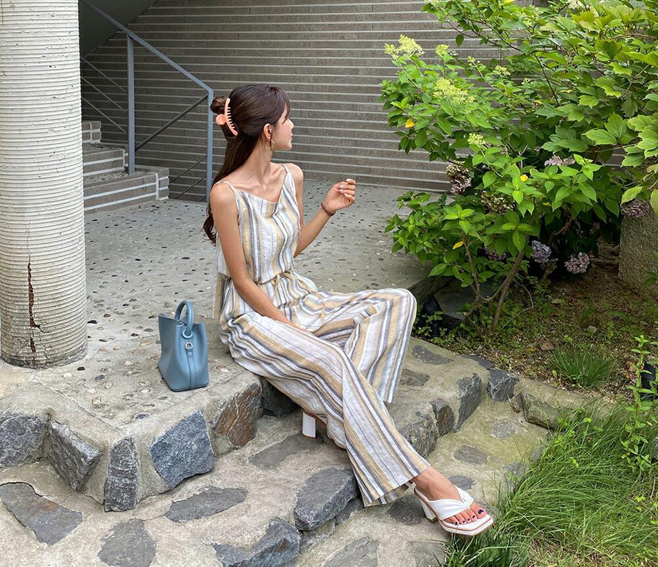 リネン混エスニックスリーブレス&パンツSET・全2色・t65720 レディース 【pt】韓国 ファッション ボトムス ロング ロングパンツ セットアップ ストライプ ストリング スリーブレス ワイド ルーズ 体型カーバー 細身 着痩せ スリット 夏 春