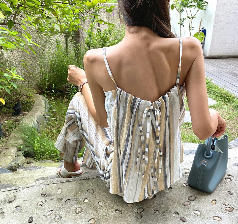リネン混エスニックスリーブレス&パンツSET・全2色・t65720 レディース 【pt】韓国 ファッション ボトムス ロング ロングパンツ セットアップ ストライプ ストリング スリーブレス ワイド ルーズ 体型カーバー 細身 着痩せ スリット 夏 春