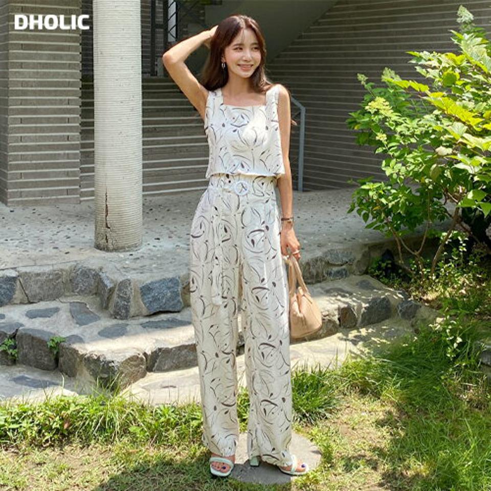 パターンスクエアスリーブレス&ベルト付パンツSET・全3色・t65709 レディース 【pt】韓国 ファッション ボトムス ロング ロングパンツ セットアップ ベルト セット ハイウエスト スリーブレス ワイド ルーズ 体型カーバー 細身 着痩せ 夏 春