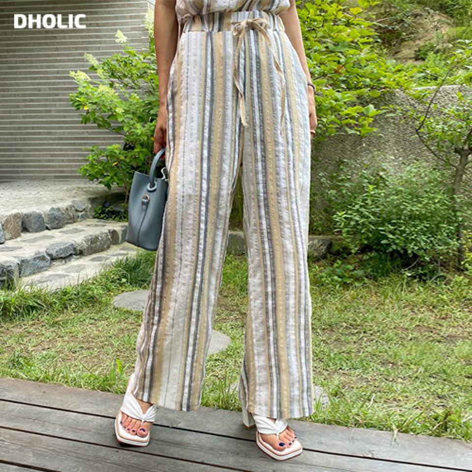リネン混エスニックパンツ・全2色・t65718 レディース 【pt】韓国 ファッション ボトムス ロング ロングパンツ リネン ストライプ パターン ハイウエスト ストラップ ストレート ワイド ルーズ ゆったり 体型カーバー 細身 足長 着痩せ 夏 春