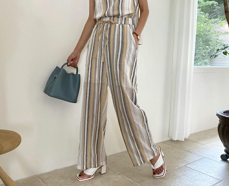 リネン混エスニックパンツ・全2色・t65718 レディース 【pt】韓国 ファッション ボトムス ロング ロングパンツ リネン ストライプ パターン ハイウエスト ストラップ ストレート ワイド ルーズ ゆったり 体型カーバー 細身 足長 着痩せ 夏 春