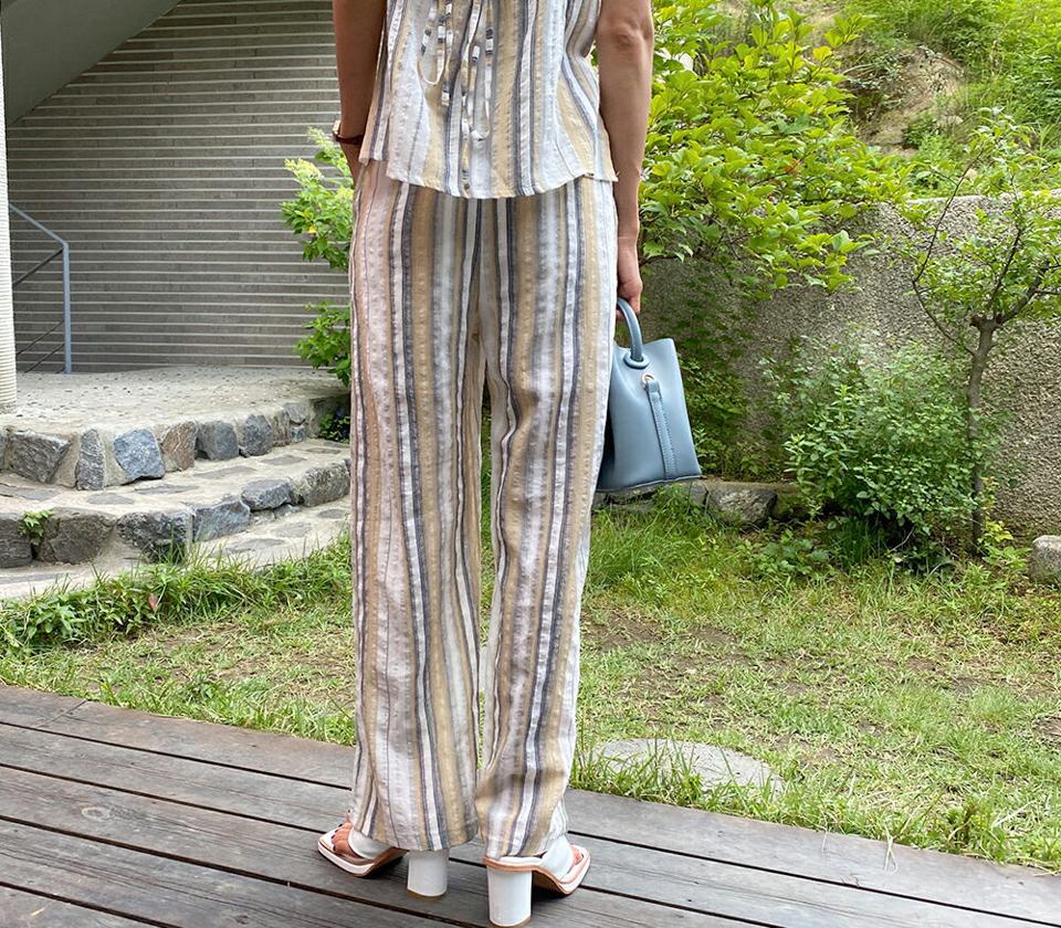 リネン混エスニックパンツ・全2色・t65718 レディース 【pt】韓国 ファッション ボトムス ロング ロングパンツ リネン ストライプ パターン ハイウエスト ストラップ ストレート ワイド ルーズ ゆったり 体型カーバー 細身 足長 着痩せ 夏 春
