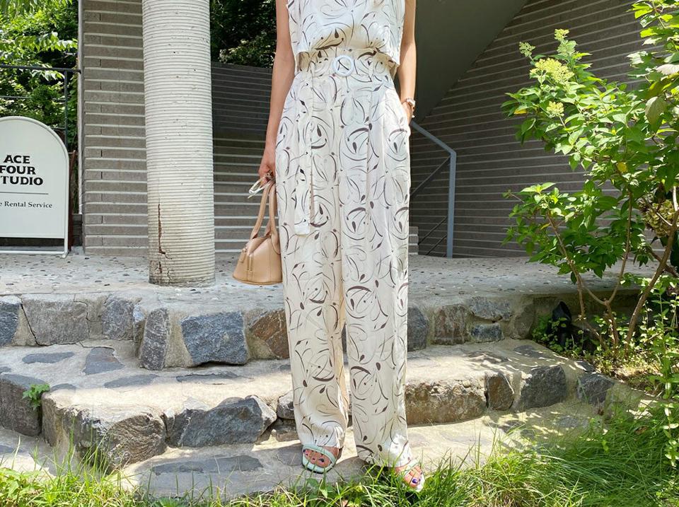 ベルト付パターンパンツ・全3色・t65710 レディース 【pt】韓国ファッション ボトムス ロング ロングパンツ スリム パターン ベルト セット ハイウエスト ストレート ワイド ルーズ ゆったり カラーパンツ 総柄 黄緑 着痩せ 夏 春