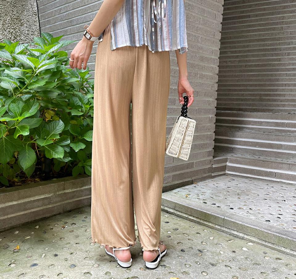 ハイウエストリブパンツ・全4色・t65715 レディース 【pt】韓国 ファッション ボトムス ロング ロングパンツ ドライ リブパンツ ワイド ゴム メロウヘム ガーリー ハイウエスト ルーズ ゆったり ストレート 体型カーバー 細身 足長 着痩せ 夏 春