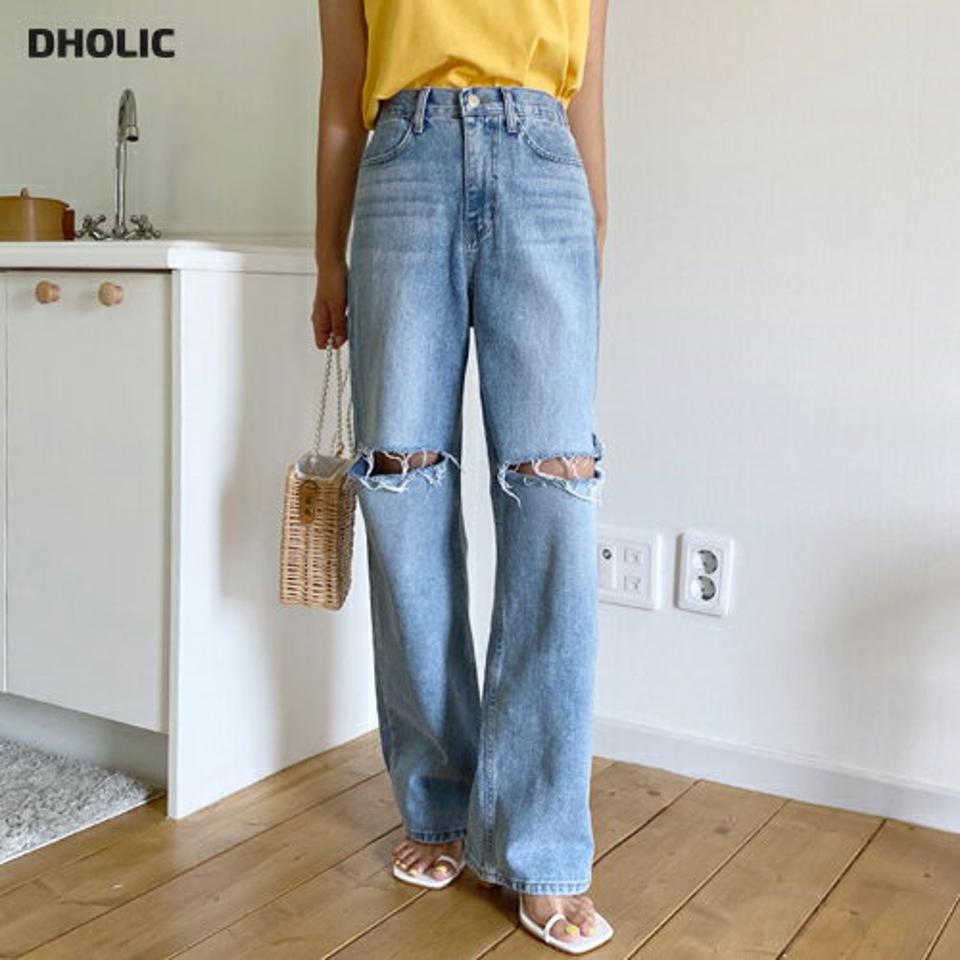 ニーダメージデニムパンツ・全1色・t62598 レディース 【pt】韓国 ファッション ボトムス ロング ロングパンツ ニーダメージデザイン ワイド ストレート デニム デニムパンツ ルーズ 体型カーバー 細身 着痩せ 夏 春