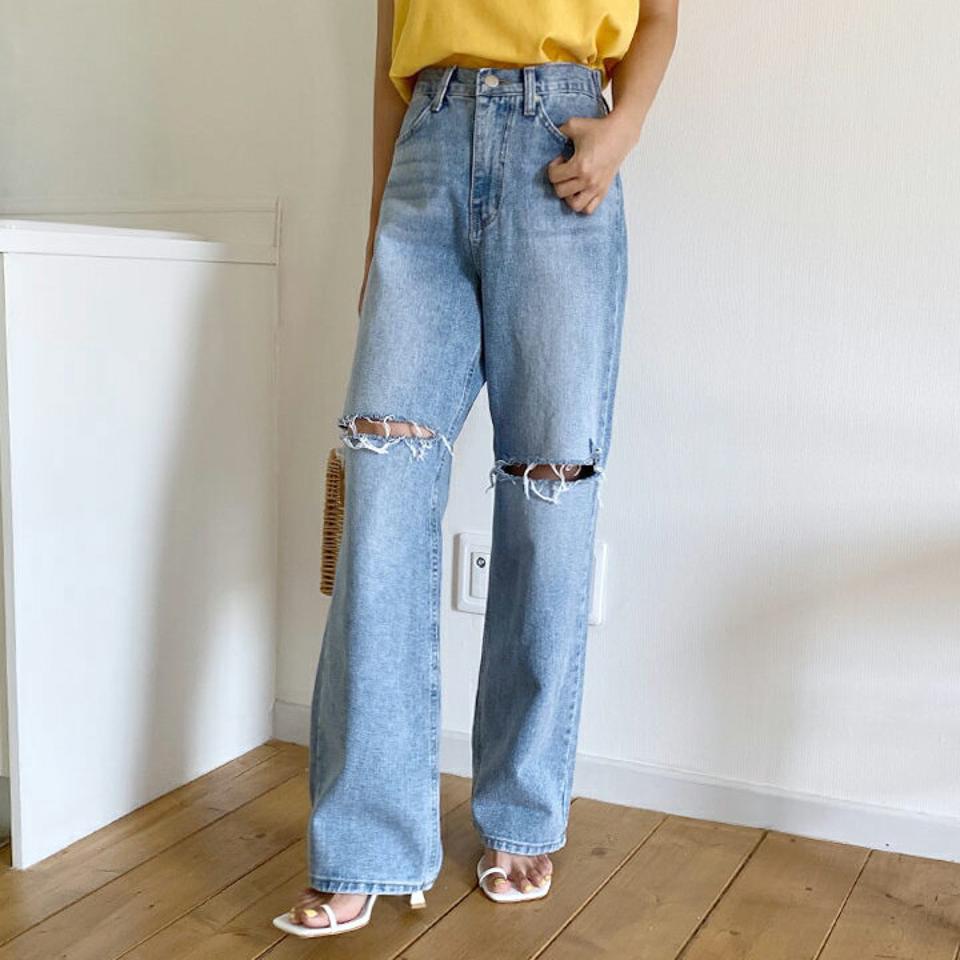 ニーダメージデニムパンツ・全1色・t62598 レディース 【pt】韓国 ファッション ボトムス ロング ロングパンツ ニーダメージデザイン ワイド ストレート デニム デニムパンツ ルーズ 体型カーバー 細身 着痩せ 夏 春