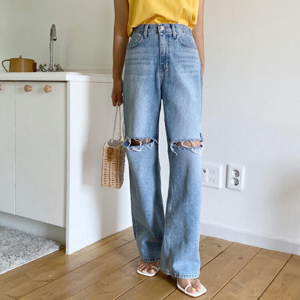 ニーダメージデニムパンツ・全1色・t62598 レディース 【pt】韓国 ファッション ボトムス ロング ロングパンツ ニーダメージデザイン ワイド ストレート デニム デニムパンツ ルーズ 体型カーバー 細身 着痩せ 夏 春