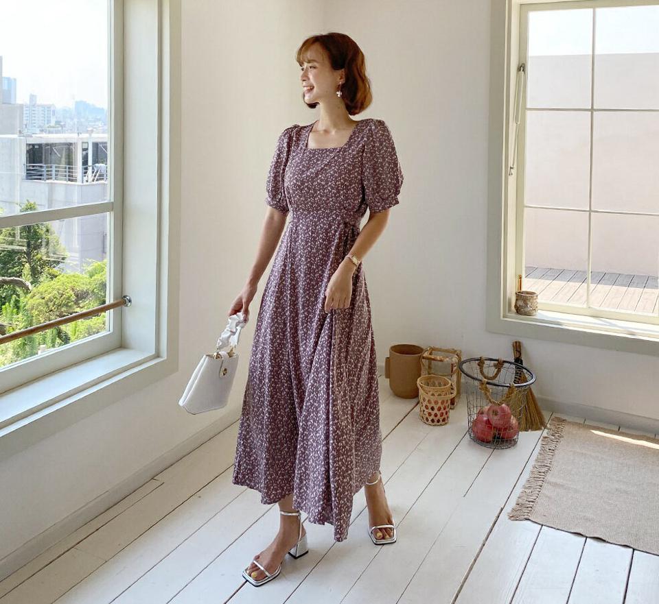 花柄リボンワンピース・全3色・t62590 レディース 【ops】韓国 ファッション ワンピース ロング ロングワンピース 半袖 花柄 フラワー パターン フローラル リボン スクエアネック パフハーフスリーブ パフスリーブ Aライン デコルテ 夏 春