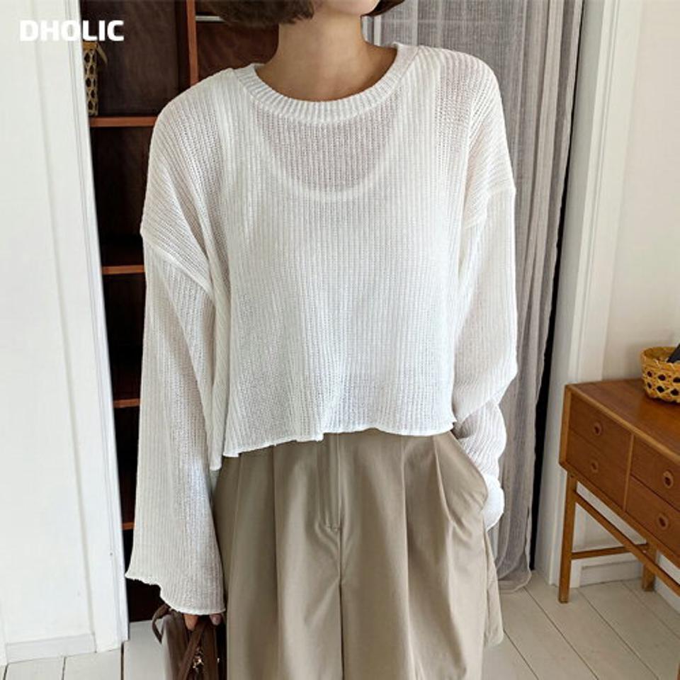 ラウンドクロップドニット・全4色・t62587 レディース 【tops】韓国 ファッション トップス ニット 長袖 ラウンドネック 透け感 クロップド丈 ラフ ルーズ 体型カバー 細身 フェミニン 夏 春