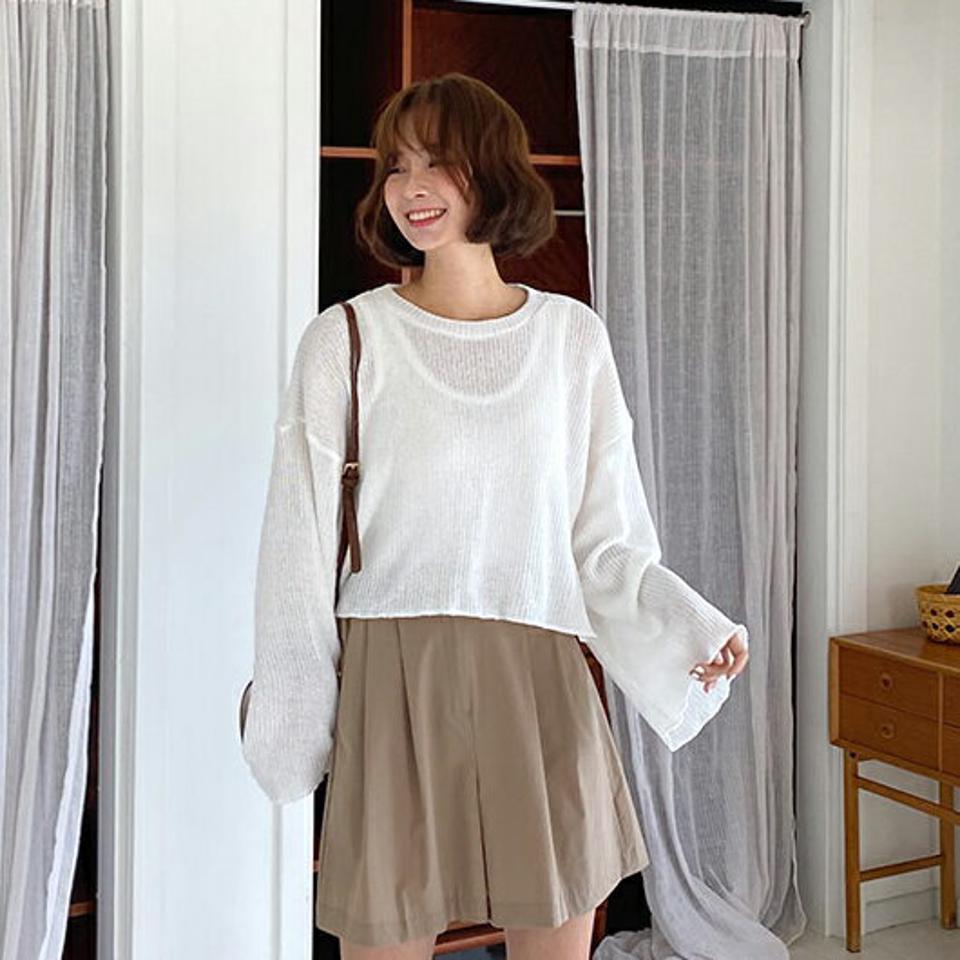 ラウンドクロップドニット・全4色・t62587 レディース 【tops】韓国 ファッション トップス ニット 長袖 ラウンドネック 透け感 クロップド丈 ラフ ルーズ 体型カバー 細身 フェミニン 夏 春