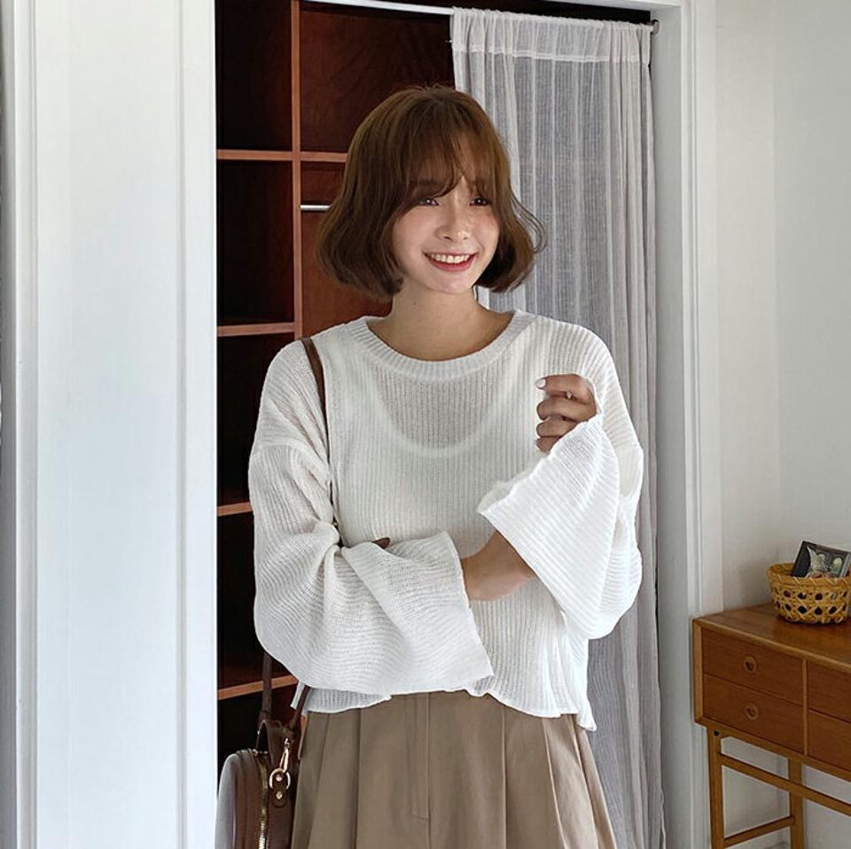ラウンドクロップドニット・全4色・t62587 レディース 【tops】韓国 ファッション トップス ニット 長袖 ラウンドネック 透け感 クロップド丈 ラフ ルーズ 体型カバー 細身 フェミニン 夏 春