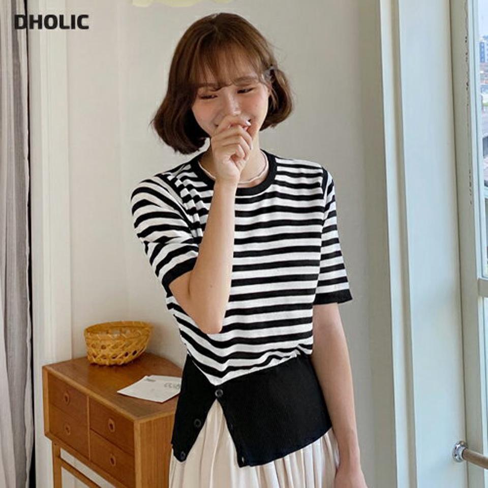2TYPEボタンスリットニット・全3色・b62585 レディース 【tops】韓国 ファッション トップス ニット 半袖 2TYPE ボタン スリット ヘムデザイン ラウンドネック 無地 ストライプ ボーダー カジュアル 体型カバー 細身 フェミニン 夏 春