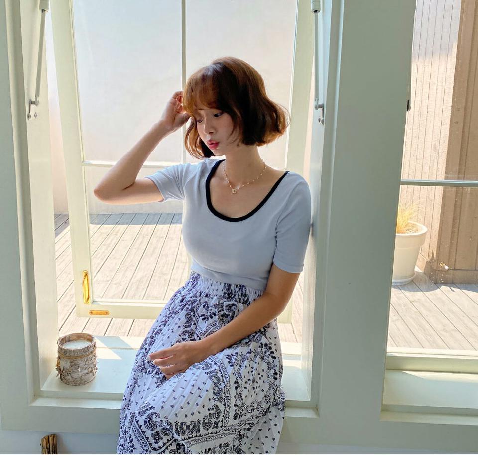 配色ラウンドTシャツ・全4色・t62582 レディース 【tops】韓国 ファッション トップス Tシャツ 半袖 カジュアル シンプル ラウンドネック 配色 ライン ベーシック デイリー スリム フィット タイト 夏 春