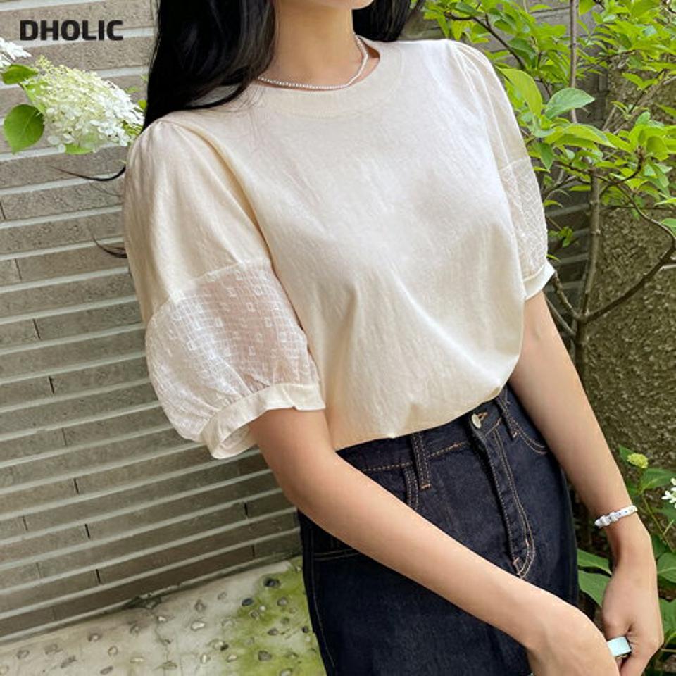 ドットチェックスリーブTシャツ・全3色・b64685 レディース 【tops】韓国ファッション トップス Tシャツ チェック ドット パターン ガーリー 半袖 異素材 ラウンドネック ベーシック かわいい シンプル スリム ルーズ ゆったり 春 夏 NIJU