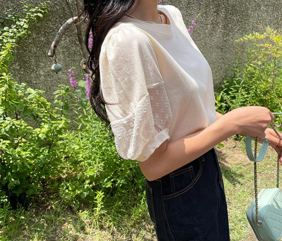 ドットチェックスリーブTシャツ・全3色・b64685 レディース 【tops】韓国ファッション トップス Tシャツ チェック ドット パターン ガーリー 半袖 異素材 ラウンドネック ベーシック かわいい シンプル スリム ルーズ ゆったり 春 夏 NIJU